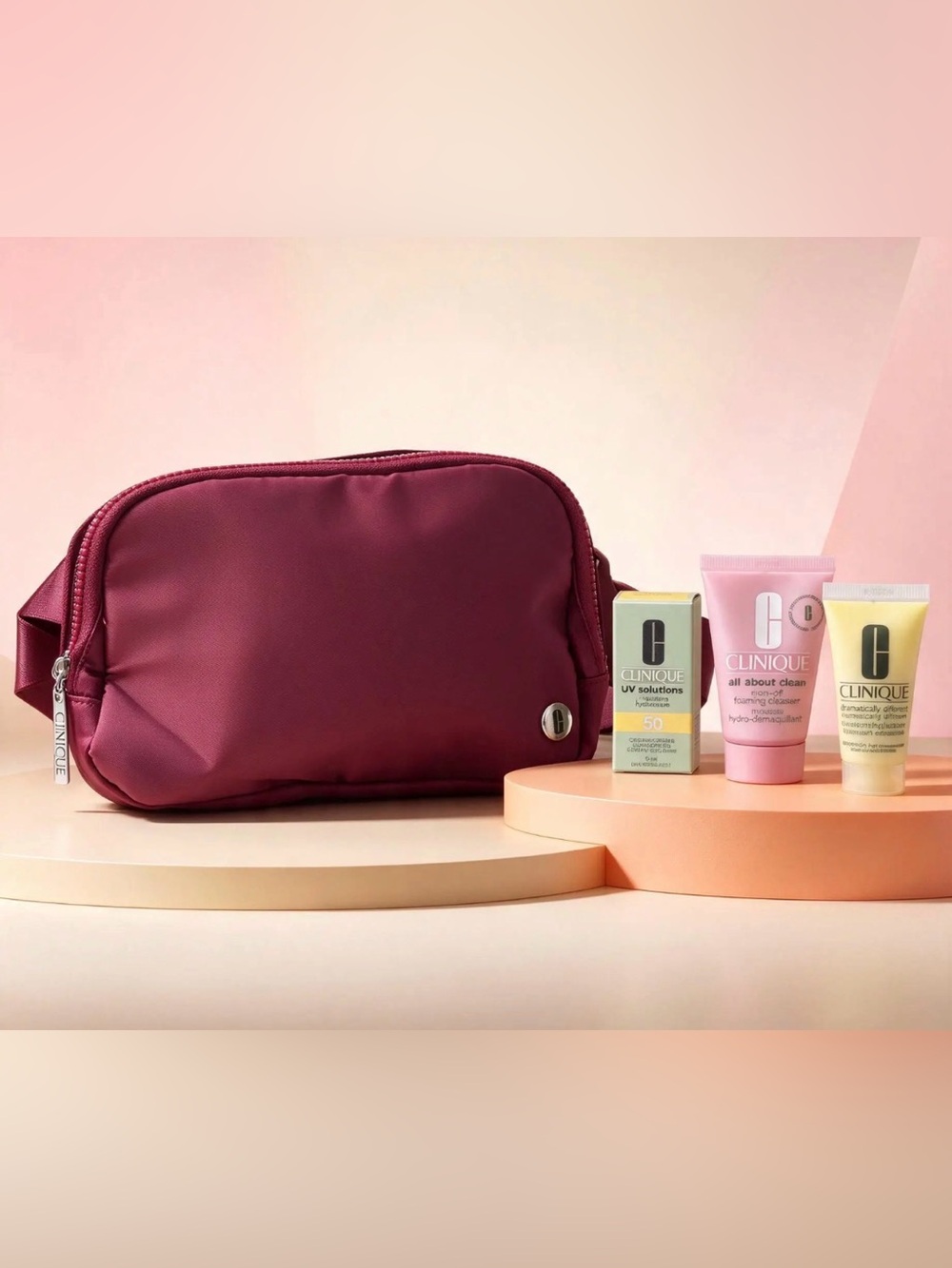 CLINIQUE Burgundy Belt Bag + 3-Pc Skincare Set